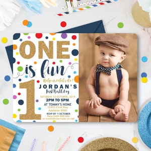 BOY 1st BIRTHDAY Invitation Editable Boy First Birthday Invitation One is Fun First Birthday Boy Invitation First Birthday Corjl Invitation