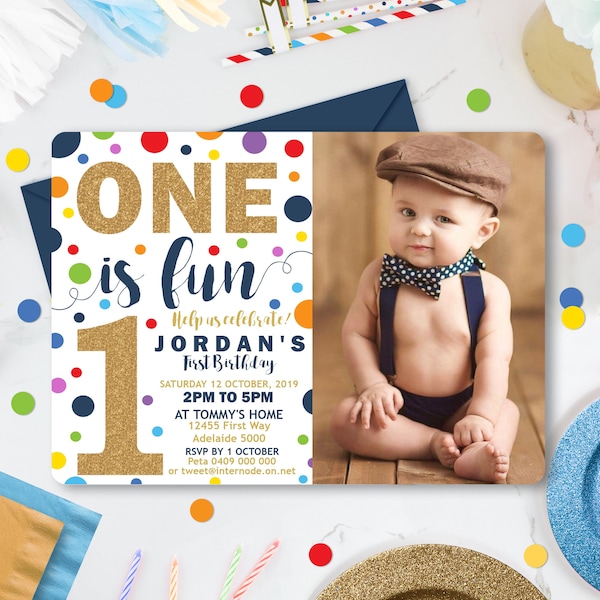 BOY 1st BIRTHDAY Invitation Editable Boy First Birthday Invitation One is Fun First Birthday Boy Invitation First Birthday Corjl Invitation