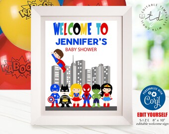 Letrero de bienvenida de superhéroe para baby shower: Decoración editable para fiestas (descarga digital)