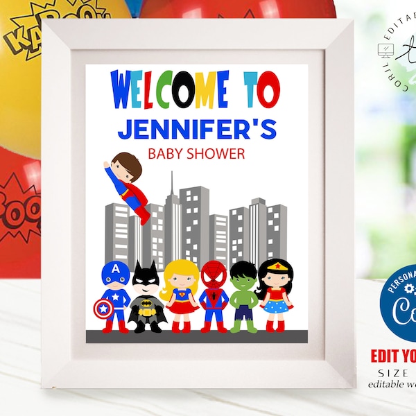 SUPERHERO WELCOME SIGN Instant Download Superhero Baby Shower Welcome Sign Editable Superhero Party Superhero Party Printables Corjl