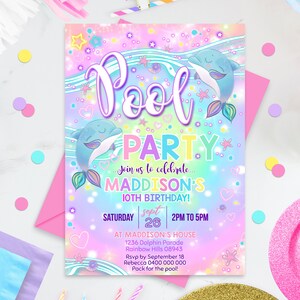 DOLPHIN POOL PARTY Invitation Editable Rainbow Dolphin Invitation Instant Download Pool Party Invitation Girl Neon Glow Dolphin Invitation