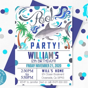 POOL PARTY INVITATION Shark Pool Party Invitation Instant Download Pool Party Boy Invitation Corjl Invitations Pool Party Birthday Shark image 1