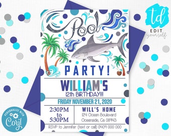 POOL PARTY INVITATION Shark Pool Party Invitation Instant Download Pool Party Boy Invitation Corjl Invitations Pool Party Birthday Shark