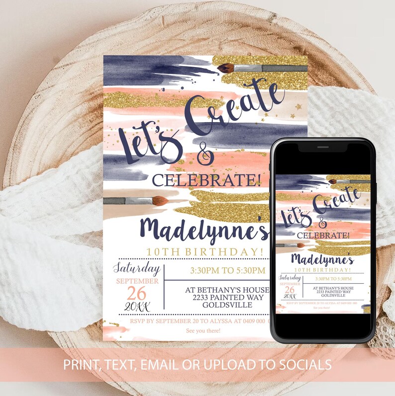 Puede incluir: Una invitaci&oacute;n digital para una fiesta de cumplea&ntilde;os n&uacute;mero 10 con un tema de pincel y acuarela. La invitaci&oacute;n presenta un esquema de color azul, rosa y dorado con el texto "Let's Create & Celebrate! Madelynne's 10th Birthday!" La invitaci&oacute;n incluye la fecha, la hora y la ubicaci&oacute;n de la fiesta.