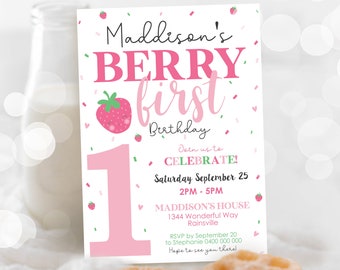 May include: Pink and green birthday invitation for a girl's first birthday party. The invitation features a strawberry with a smiling face and the text "Maddison's Berry First Birthday". The invitation also includes the date and time of the party, the address, and an RSVP request.