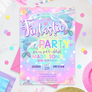 DOLPHIN PARTY INVITATION Editable Rainbow Dolphin Invitation Instant Download Dolphin Birthday Invitation Girl Neon Glow Dolphin Invitation