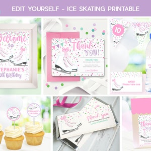 ICE SKATING PARTY Package Instant download Ice Skating Printable Girl Ice Skating Party Editable Ice Skating Decorations Pink Ice Skating