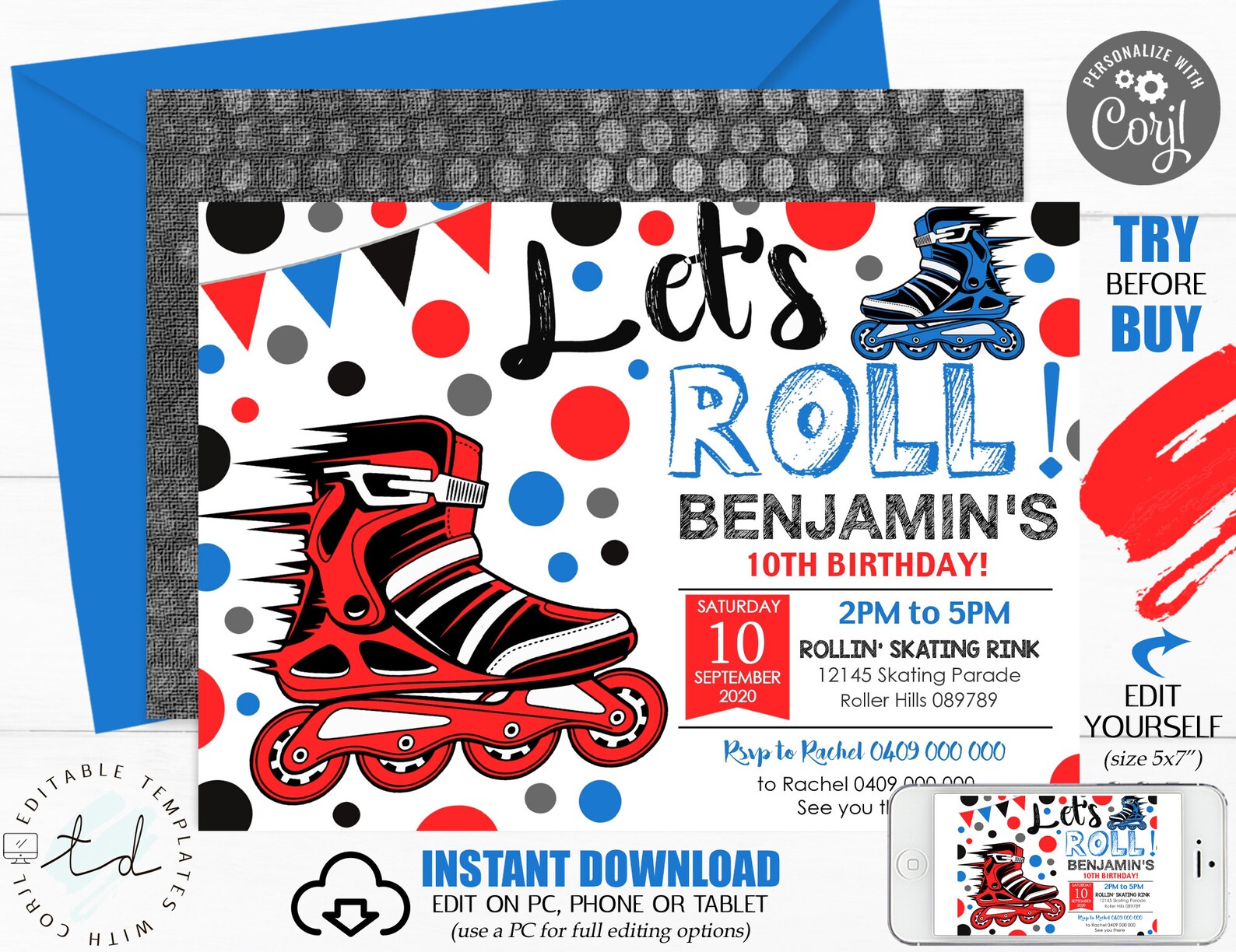 ROLLERBLADE PARTY INVITATION Red Blue Roller Blade Invitation - Etsy
