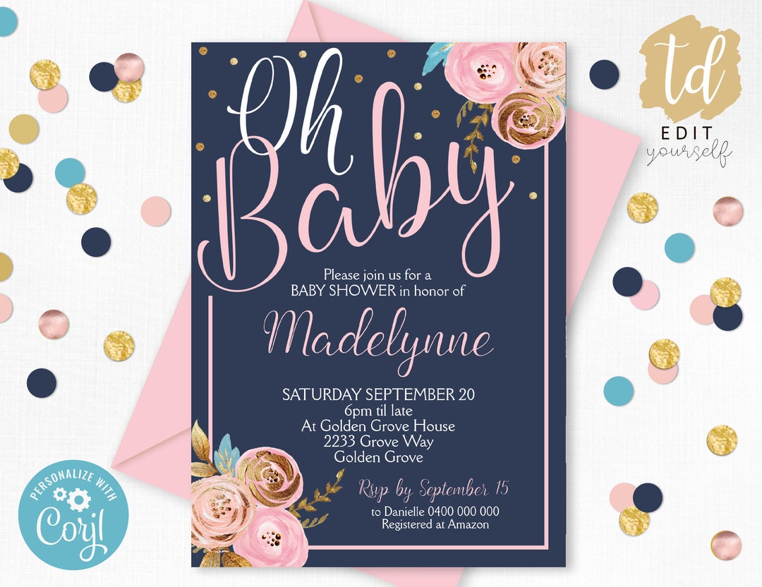 Editable Baby Shower Invitations Instant Download Blush Navy Gold Baby