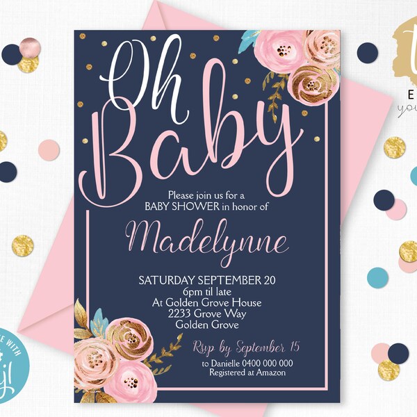 Editable Baby Shower Invitations Instant Download Blush Navy Gold Baby Shower Invitation Oh Baby Baby Shower invitation Navy Blush Baby