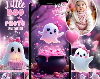 May include: A digital invitation design with a Halloween theme. The design features a smartphone with a ghost, a cauldron, and a baby's photo. The words "Little Boo Photo Invitation" are displayed in pink.