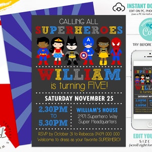 SUPERHERO INVITATIONS Instant Download African American Superhero Invitations Mix Race Superhero Invitation Superheroes Editable CORJL Invi