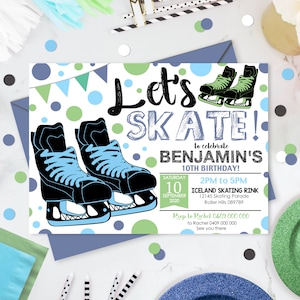 ICE SKATING INVITATION Boy Ice Skating Party Invitation Ice Skate invitation Blue Green Ice Skating Party Ice skating Birthday Corjl Invite