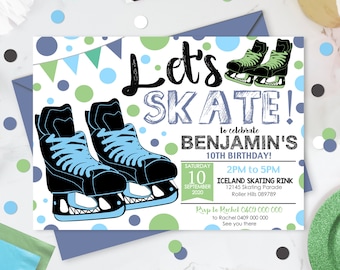 Ice Skating Birthday Invitation: Blue & Green Corjl Invite (Digital Download)