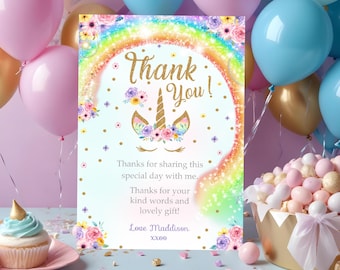 May include: A thank you card featuring a unicorn and rainbow design. The card has gold glitter and the text "Thank You!" and "Thanks for sharing this special day with me. Thanks for your kind words and lovely gift! Love Maddison XXOO".