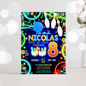 BOWLING BIRTHDAY INVITATION Boy Bowling Party Glow Invitation Neon Glow Bowling Invitation Corjl Invitation Neon Glow Invitation Corjl Glow