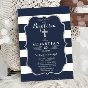 NAVY BAPTISM INVITATION Instant Download Boy Baptism Invitation Editable Navy Silver Christening Invitation Silver Confetti Baptism Corjl