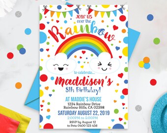 RAINBOW INVITATION Rainbow Cloud Invitation Rainbow First Birthday Over the Rainbow Rainbow Party Rainbow Printable Corjl Rainbow Invitation