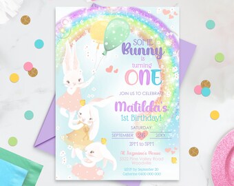 Rainbow Bunny 1st Birthday Invitation (Digital Download)