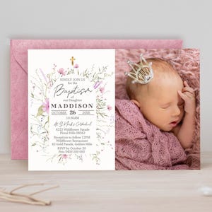 Mädchen FOTO TAUFE EINLADUNG Sofortiger Download Foto Einladung Bearbeitbare Taufe Widlflower Einladung Mädchen-Foto Taufeinladung