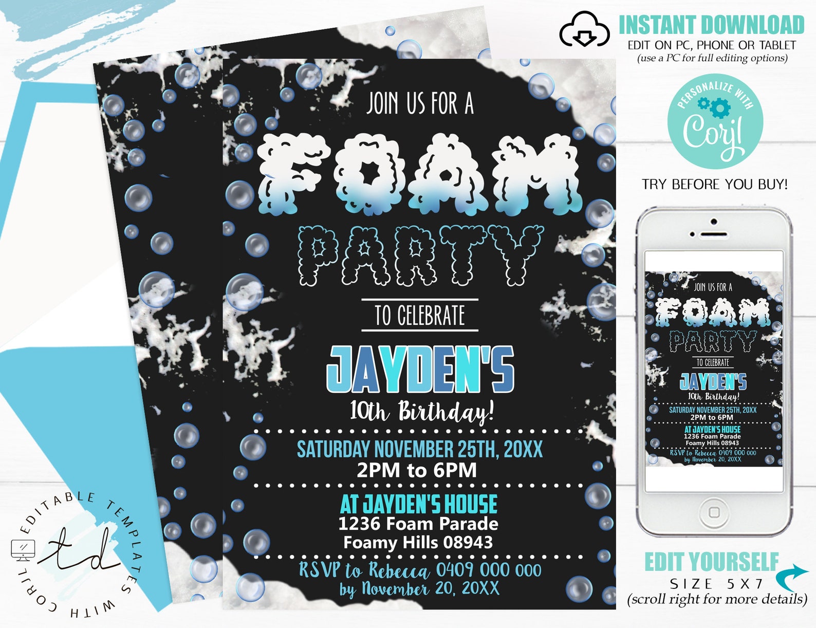 FOAM Party Birthday Invitation Foam Birthday Party Editable Etsy