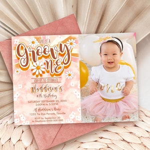 GROOVY ONE Convite Download instantâneo Daisy Tie Dye Convites de primeiro aniversário Editáveis Daisy Photo Invitations Hippy Cartão com foto de primeiro aniversário