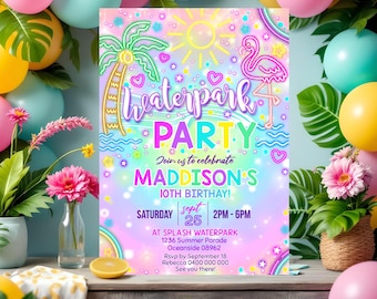 May include: A colorful invitation for a waterpark party celebrating Maddison's 10th birthday. The invitation features a neon pink flamingo, palm trees, and a rainbow background. The party is scheduled for Saturday, September 25th, from 2 PM to 6 PM at Splash Waterpark, 1236 Summer Parade, Oceanside 08962. RSVP by September 18th to Rebecca at 0400 000 000.