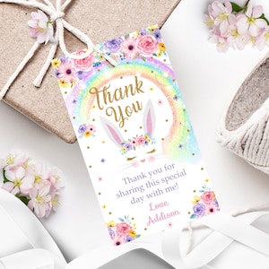 Bunny Favor Tags Instant Download Rainbow Bunny Favor Tags Editable Rainbow Bunny Thank you Tags Rabbit Favor Tag Bunny Party Printable 0257