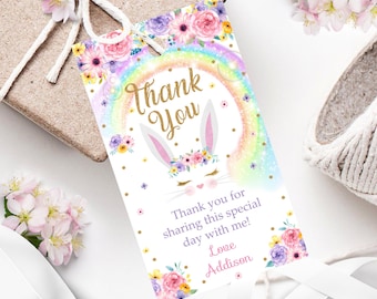 Rainbow Bunny Favor Tags: Editable Thank You Tags (Digital Download)