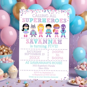 SUPERHERO PARTY Invitation Instant Download Superhero Girl Invitation Pastel GIRL Superhero Party Invitations Editable Superhero Template