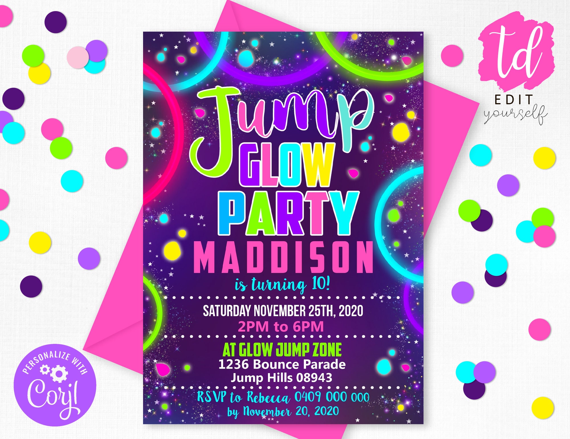 GLOW JUMP INVITATION Instant Download Glow Neon Jump Party Etsy
