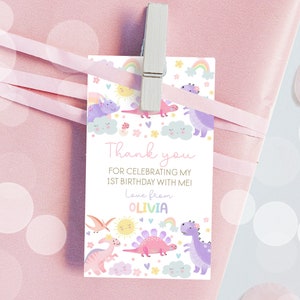 DINOSAUR Favor tag Girl Editable Rainbow Dinosaur Favor Tags Pastel Rainbows and Dinosaurs Favor Tag Dinosaur Gift tags Dinosaur Thank you