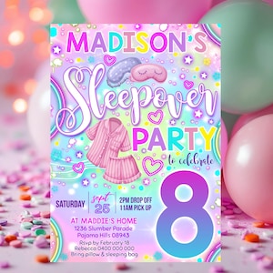 Girls Sleepover Party Invitation: Editable Neon Glow Slumber Party Evite (Digital Download)