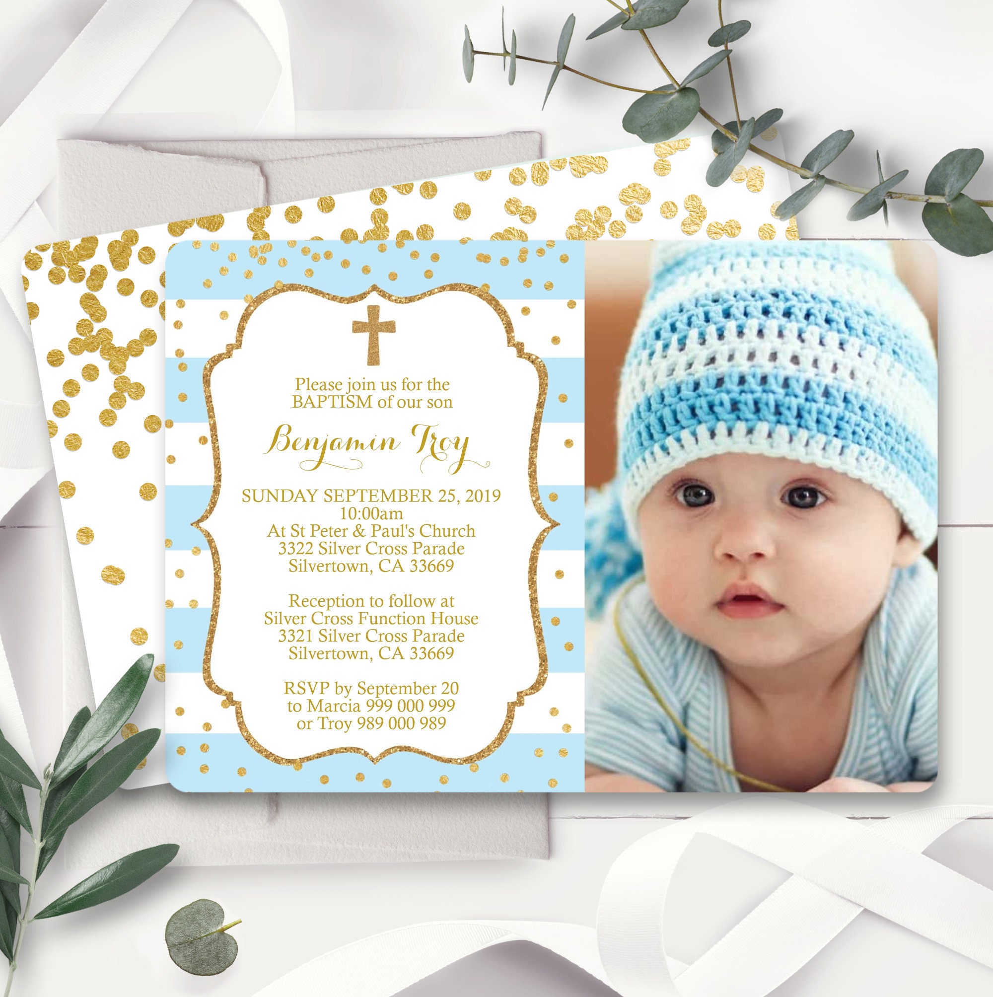 Baby Blue Boy Photo Baptism Invitation Instant Download Etsy