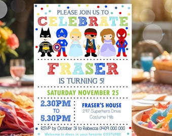 May include: A colorful invitation for a superhero themed birthday party for a child named Fraser turning 5. The invitation features a colorful background with confetti and a row of cartoon superheroes including Batman, Captain America, a princess, a pirate, and Spiderman. The invitation includes the date, time, and location of the party. The text reads "Please join us to celebrate Fraser is turning 5! Saturday November 25 2:30PM to 5:30PM Fraser's House 297 Superhero Drive Costume Hills RSVP by October 31 to Rebecca 0409 000 000 Welcome to dress in your favorite costume!"