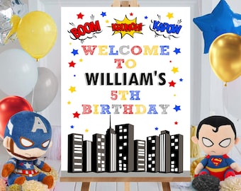 Letrero de bienvenida de cumpleaños de superhéroe: Decoración de fiesta de cómics (Descarga digital)