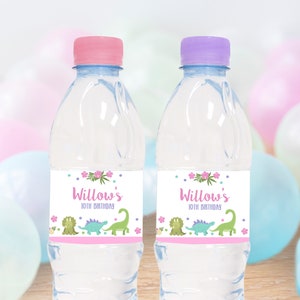 DINOSAUR Water Bottle Labels Editable Girl Dinosaur Water Bottle Labels Corjl Dinosaur Party Water Label Printable Dinosaur Water Bottle