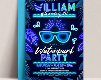 May include: Neon blue and green invitation for a waterpark party. The invitation says "William is turning 10" and "Join us for a Waterpark Party". The invitation also includes a neon blue sun, sunglasses, and palm leaves.