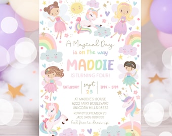 May include: A colourful invitation for a girl's 4th birthday party. The invitation features a unicorn, fairies, rainbows, and clouds. The text reads "A Magical Day is on the way Maddie is turning four! Saturday Sept 25 2PM - 5PM At Maddie's House 6222 Fairy Boulevard Unicorn Hills 08622 RSVP by September 20 Jade 0409 000 000 feel free to dress up!"