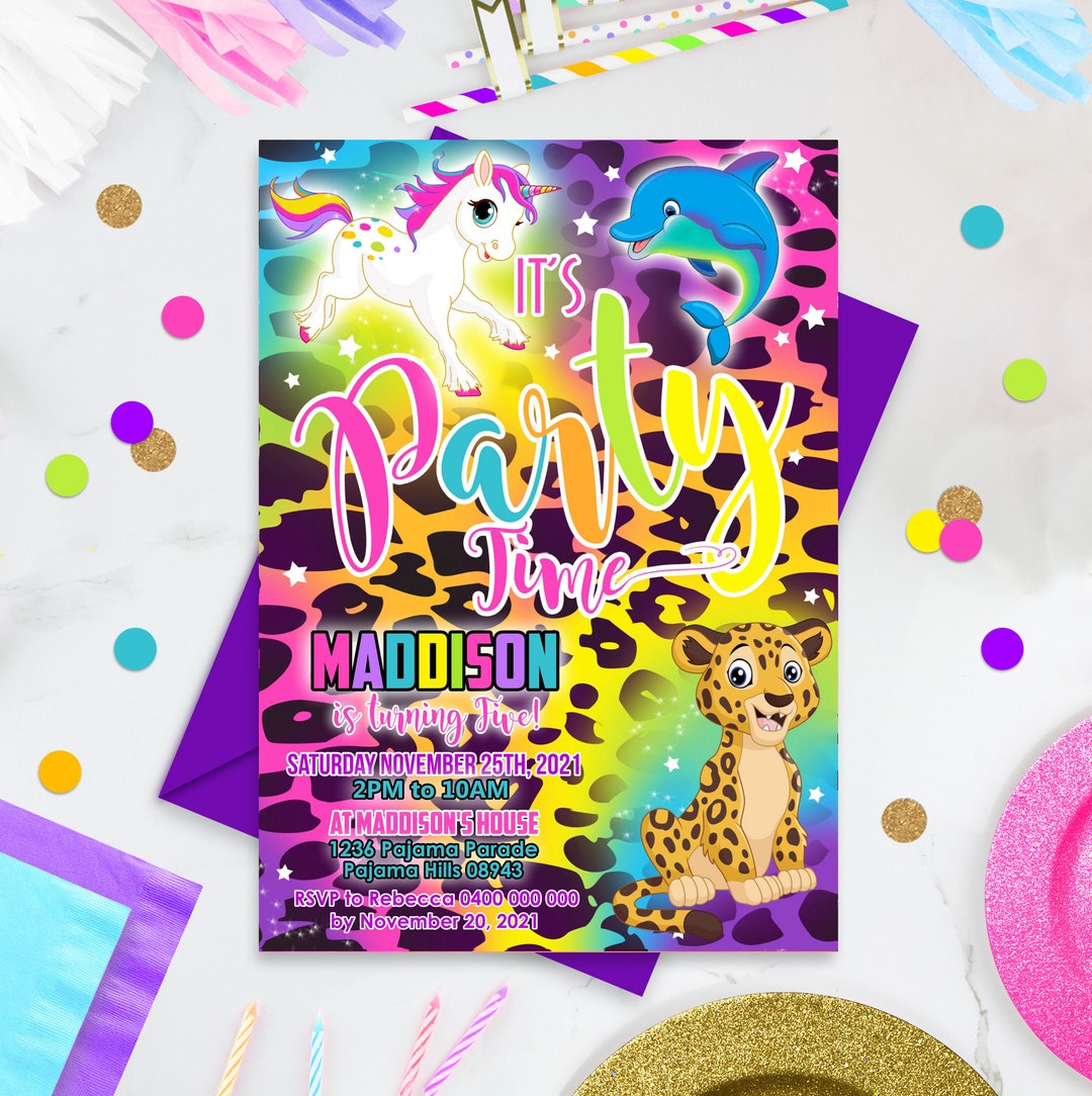 RAINBOW CHEETAH Party Invitation Editable Corjl Rainbow Cheetah Party