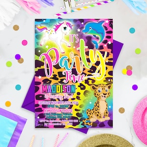 Invito di compleanno a tema ghepardo arcobaleno: animali da festa modificabili (download digitale)