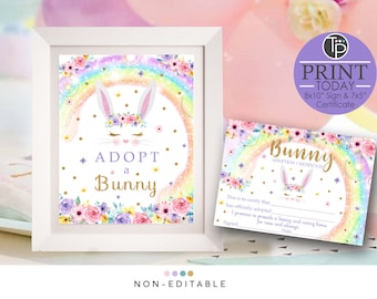 May include: Printable 8x10 inch sign and 7x5 inch certificate featuring a white bunny with a floral crown and rainbow background. The sign says "Adopt a Bunny" and the certificate says "Bunny Adoption Certificate".
