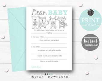 DEAR BABY CARD, Instant Download Wishes for Baby Card, Baby Shower, Baby Predictions Card, Woodland Baby Shower Games, Scandi Baby Shower