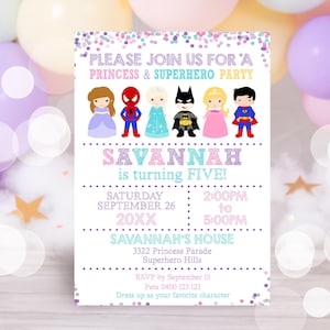 PRINCESS SUPERHERO Birthday Invitation Instant Download Princess Superhero Invitation Editable Superhero Princess Party Girl Boy Party Corjl
