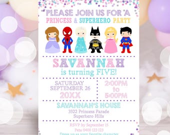 May include: A pink and purple invitation for a princess and superhero party. The invitation features a cartoon image of a princess, a superhero, and a Spiderman. The text on the invitation reads "Please join us for a princess & superhero party. Savannah is turning five! Saturday, September 26, 20XX, 2:00PM to 5:00PM. Savannah's House, 3322 Princess Parade, Superhero Hills. RSVP by September 15, Peta 0400 123 123. Dress up as your favorite character."