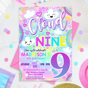 RAINBOW CLOUD 9 INVITATION Editable Rainbow Clouds 9th Birthday Invitation Corjl We're on Cloud 9 Invitation Cloud Nine Party Neon Rainbow