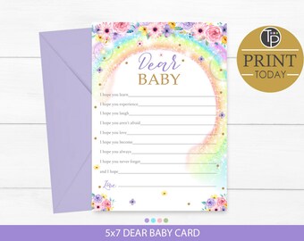 Rainbow DEAR BABY CARD, Instant Download Wishes for Baby Card, Baby Shower, Girl Dear Baby Card, Rainbow Baby Shower Games, Rainbow, 0228