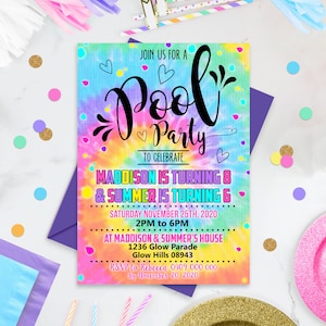 TIE DYE Pool Party Joint Birthday Invitation Instant Download Sibling Pool Party Birthday Invitations Editable Rainbow Pool Party Invite