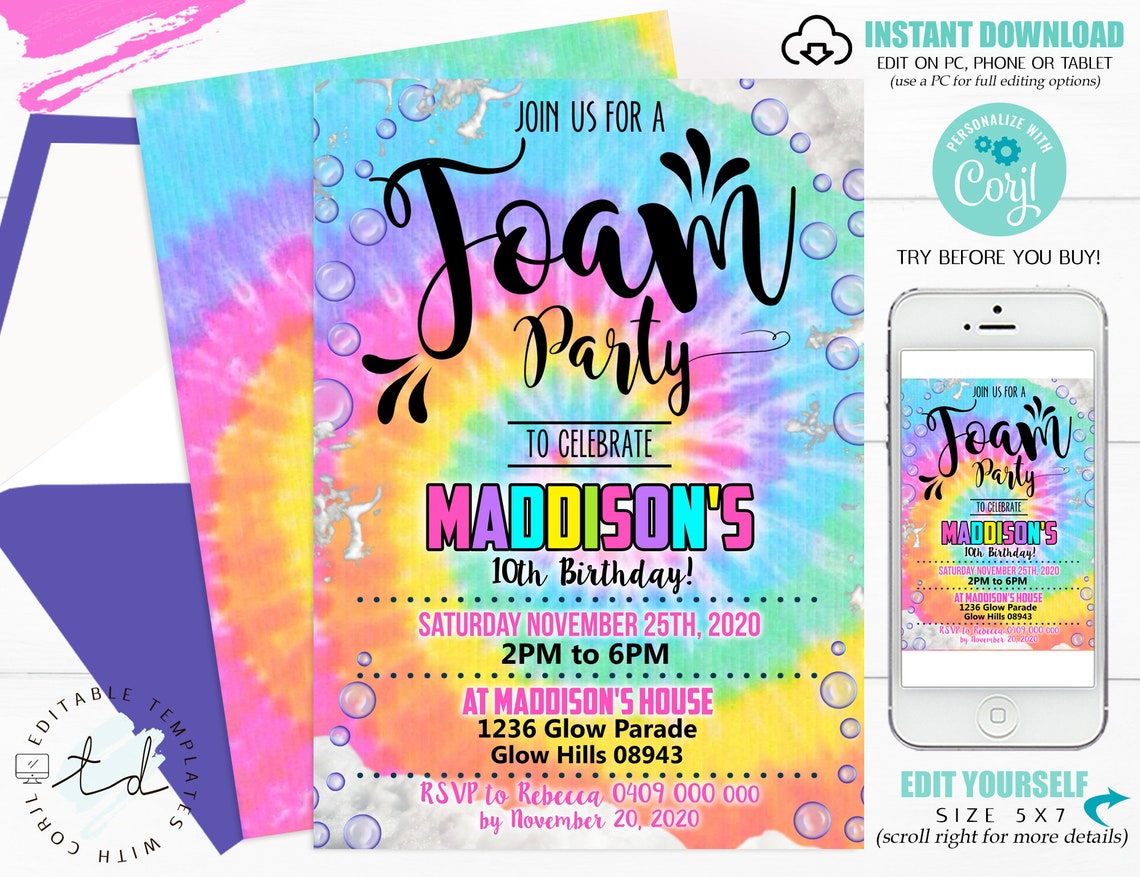 FOAM Party Birthday Invitation Foam Birthday Party Editable Etsy