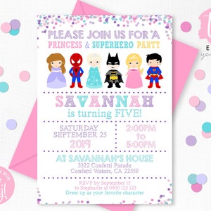 PRINCESS SUPERHERO Birthday Invitation Instant Download Princess Superhero Invitation Editable Princess Superhero Party Girl Boy Party Corjl
